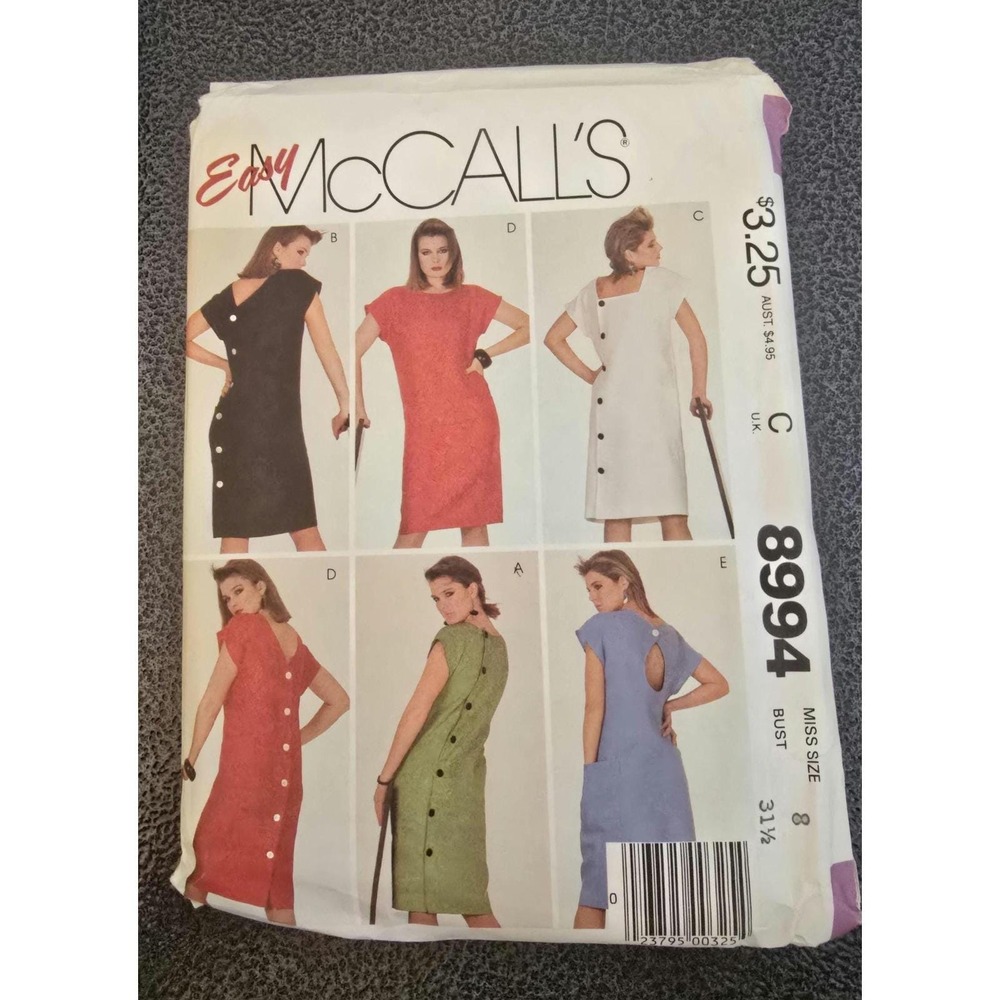 Vintage McCalls 8994 Sewing Pattern Misses Dress Back‎ Button Cutout Size 8 1987